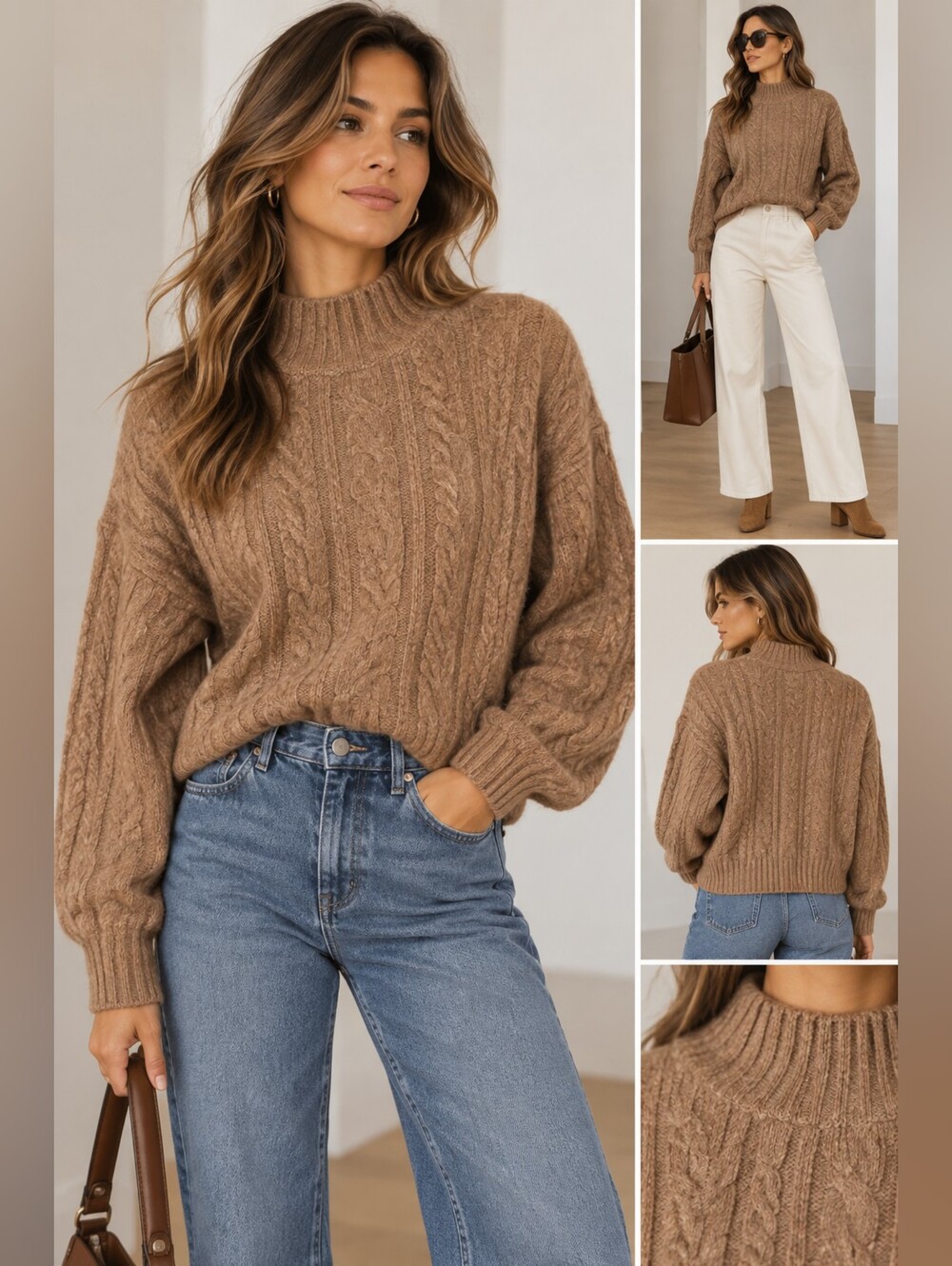 Mango Cable Knit Turtleneck Sweater in Brown Like New